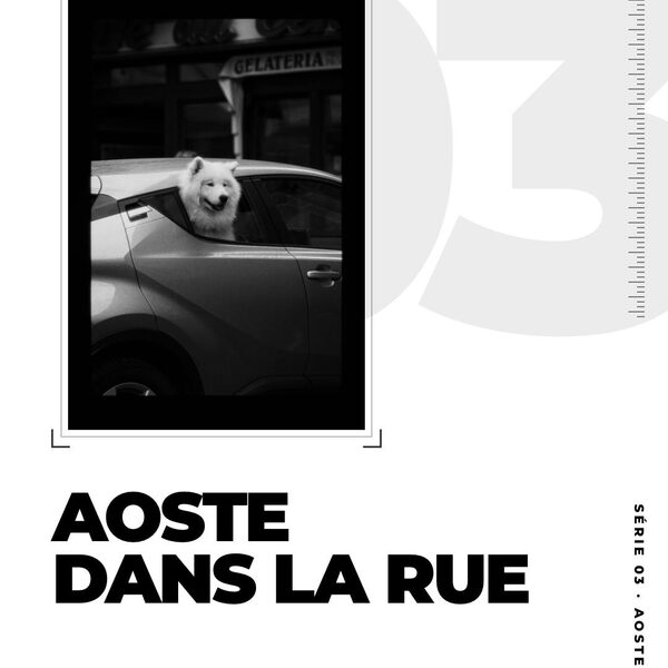 Aoste dans la rue, en noir et blanc. Un chien à la fenêtre d’une voiture, un marché, des p…